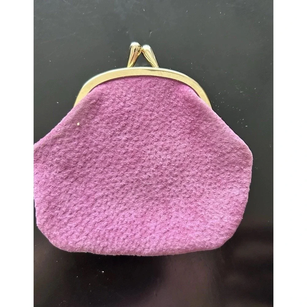 Coin Purse Purple Leather Kiss Close Small Switzerland Floral Print Embroidered
